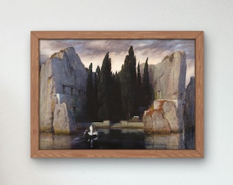May include: A framed painting depicting a dark, mysterious landscape with tall, slender trees and towering rock formations. A small boat with a single figure is in the water, which reflects the cloudy sky.