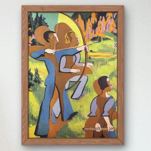 May include: A painting depicting three figures in a woodland scene. The figures are stylised and geometric, with the central figure holding a bow and arrow. The colours are bright and vibrant, featuring shades of blue, green, yellow, and orange.