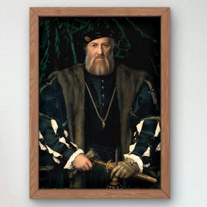 May include: A painting of a man in a dark green, black, and white fur-trimmed coat, holding a dagger. He is wearing a black hat and has a long white beard. The background is a dark green.