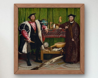 May include: A painting of two men in Renaissance clothing standing in a room with a table and various objects. The man on the left is wearing a black and white fur-trimmed robe, a red shirt, and a black hat. The man on the right is wearing a brown robe and a black hat. The table is covered with a red and gold patterned cloth and has a globe, a lute, and other objects on it.