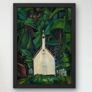 May include: A painting of a white church with a cross on top of the steeple, surrounded by dark green trees. The church is in the center of the painting and is the focal point. The trees are stylized and abstract, with dark green and black colors.