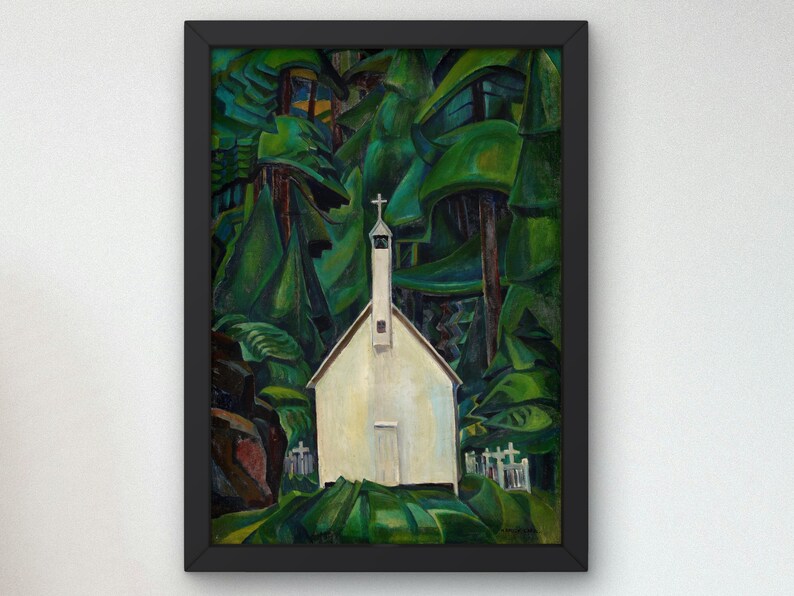 May include: A painting of a white church with a cross on top of the steeple, surrounded by dark green trees. The church is in the center of the painting and is the focal point. The trees are stylized and abstract, with dark green and black colors.