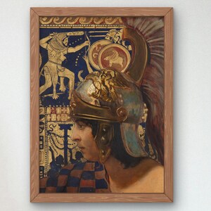 以下が含まれることがあります： 兜をかぶった人物の横顔を描いた額入り絵画。兜は金色の金属製で、とさかが付いている。背景は濃い青色で、棍棒を持った人物や円形の盾など、古代の衣装をまとった人物が描かれている。