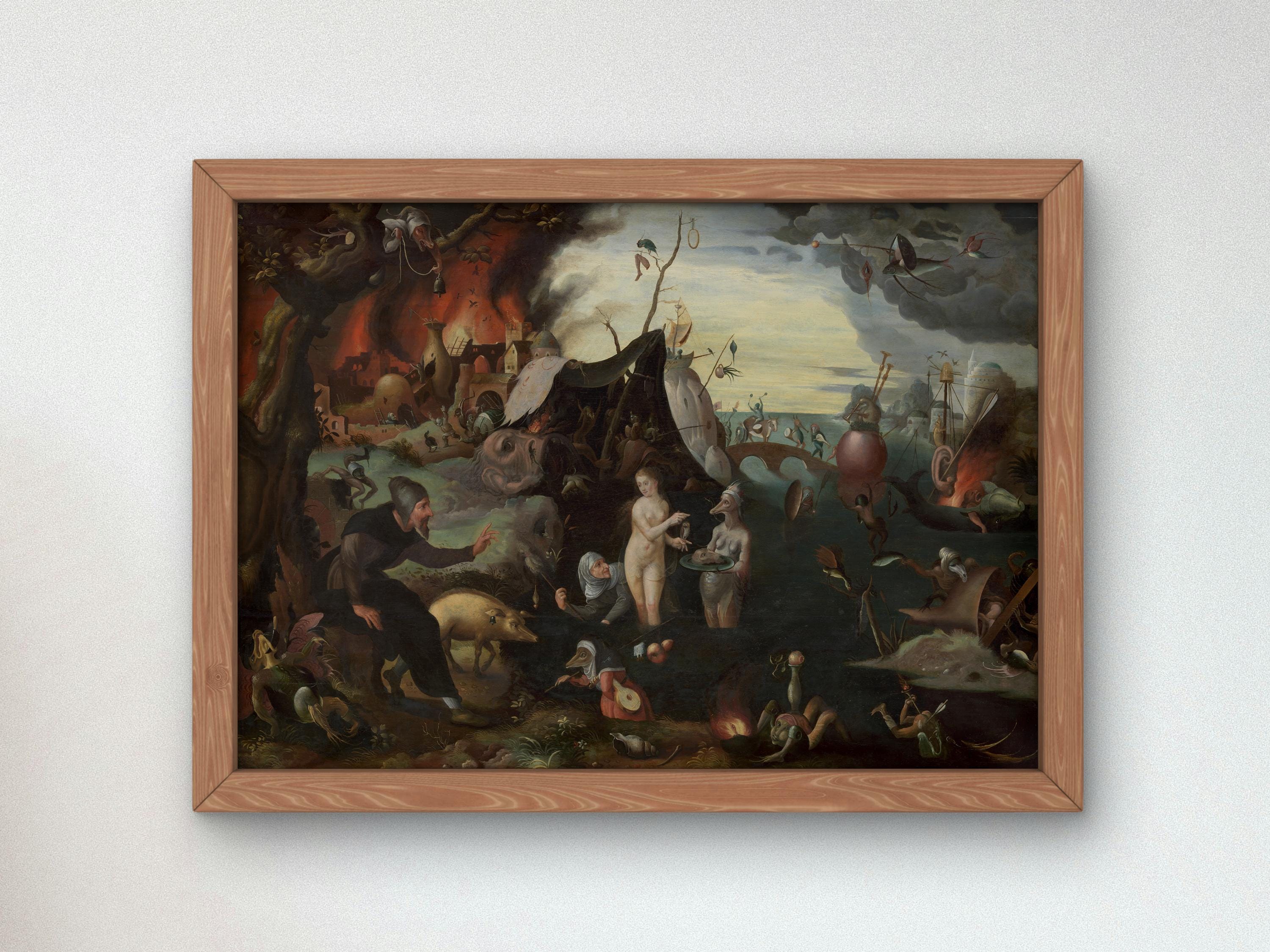La tentación de San Antonio de Pieter Huys 1560, impresión de pintura al óleo de calidad de museo, arte clásico, decoración del hogar, regalo de inauguración Póster