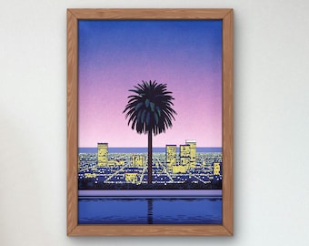 May include: A framed print of a city skyline at dusk with a palm tree in the foreground. The sky is a gradient of purple and pink, and the city lights are visible in the distance. The palm tree is silhouetted against the sky.