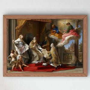 Pode incluir: Uma pintura a óleo emoldurada retratando uma cena religiosa com uma figura central sentada num trono, rodeada por figuras em mantos, querubins e uma pessoa ajoelhada apresentando um pergaminho, com colunas arquitetónicas e uma cúpula distante.