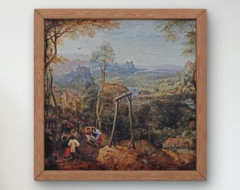 May include: A framed print of a landscape painting. The artwork depicts a detailed scene with figures, a gallows, and a castle in the distance. The color palette includes greens, browns, and blues, with a wooden frame.