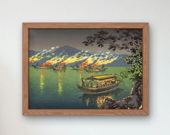 土屋光逸作「宮島の夏の月」、木版画、ジクレー版画、版画、文化芸術