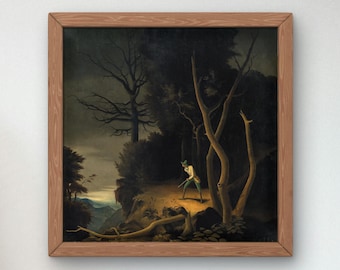 May include: A painting of a person standing in a dark forest, holding a stick. The person is wearing a green shirt and brown pants. The forest is filled with tall trees and the ground is covered in leaves. The sky is dark and cloudy.