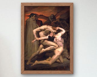 May include: A painting depicting a scene from Dante's Inferno. Two nude figures wrestle in a dark, fiery setting. One figure is being dragged down by the other, while a group of figures watch from above.