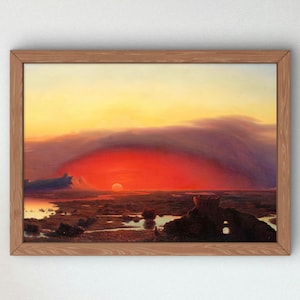 Peut inclure: Une peinture de paysage encadrée représentant un coucher de soleil vibrant avec un soleil rouge profond bas sur l'horizon, projetant une lueur chaude sur un terrain marécageux avec des points d'eau et des formations rocheuses sombres.