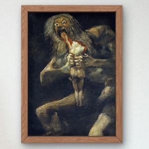 Puede incluir: Una pintura oscura y dramática de una figura monstruosa con una larga barba y cabello salvaje, sosteniendo una figura más pequeña en sus brazos. La figura más grande tiene una boca abierta y parece estar devorando la figura más pequeña.