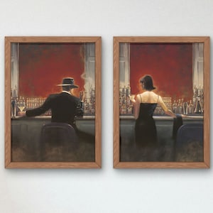 Evening Lounge by Brent Lynch Set of 2 Print, Valentine&#39;s Day Gift, Museum quality Print Home Decor wall art Poster, Cigar Bar Man and Woman