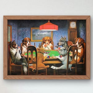 May include: A painting of a group of dogs playing cards around a green felt table. The dogs are wearing collars and are sitting on chairs. There is a red lamp hanging from the ceiling above the table.