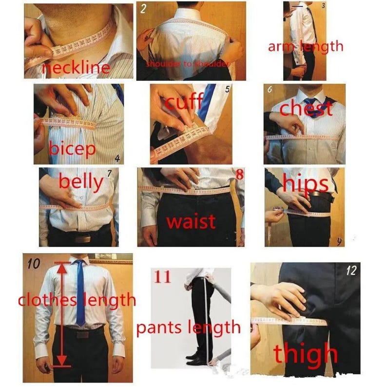 May include: A series of images demonstrating how to measure various body parts for clothing. Measurements include neckline, shoulder width, arm length, bicep, chest, belly, waist, hips, clothes length, pants length, and thigh.