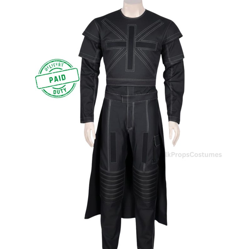May include: Black costume with white stitching, featuring a Union Jack design on the chest. The outfit includes a long-sleeved top, pants, and a skirt-like panel. The words "PAID DUTY" are printed on a green stamp.