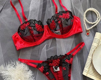 Stunning red and black lingerie set su e36 c 12-16 thong