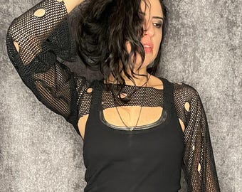 Distressed Black Mesh Tank Girl Layering Shrug | Black Sheep Holidays Market