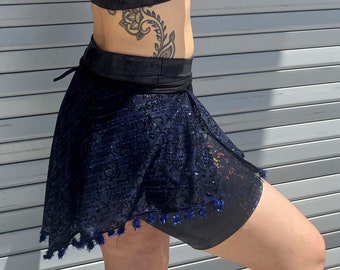 Electric Blue  Tinsel Floral Flocked Wrap with Tinsel Pon-Poms - Made in NYC