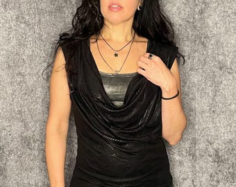 Dark Deep Plunge Black Shiny Draped Unisex Top - Black Sheep Market