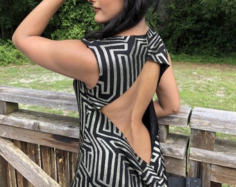 Metallic Print Festival Dress in Black Geometric Print | Rave Layering Hi Low Tunic | Clubwear Outfit | Red Available