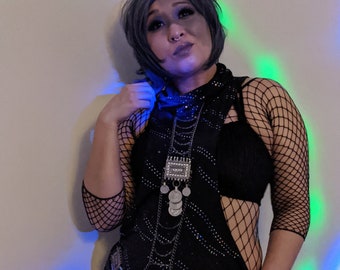 Tunic with High Collar in a Black Stretch Knit with Iridescent Sequins and Side Slits