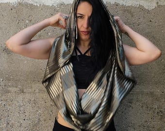 Empire Infinity Hooded Scarf | Black with White Gold Metallic Stripe Print | Made in NYC