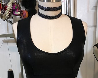 SALE Sexy Crop Iridescent Black Corset Back Top -with Foam Cups -Made in NYC