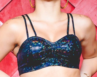 MAX Athleisure Bandeau - Black/Blue Stained Glass Iridescent Holographic Crop Top with Foam Cups