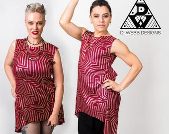 Summer Festival Dress | High Low Rave Outfit | Red Incan Print Open-Back Tunic | Black Available