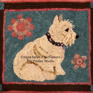May include: Hand-hooked rug featuring a cream-colored dog with a black collar, set against a teal background. The rug has a brown border with pink accents and floral designs. The text "©2019 Sarah J McNamara The Paisley Studio" is visible.