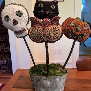 Halloweenies Rug Hooking PATTERN Cat Jack O'Lantern Skull Owl Hand-Drawn on Linen Halloween