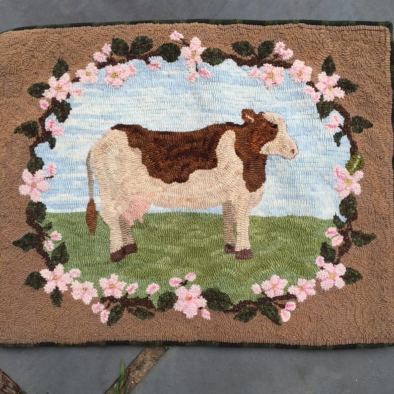 Blossom the Cow Rug Hooking PATTERN on Linen Hooked Rug - Etsy