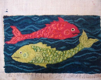 Rug Hooking PATTERN "One Fish Two Fish" Hand-drawn on Linen