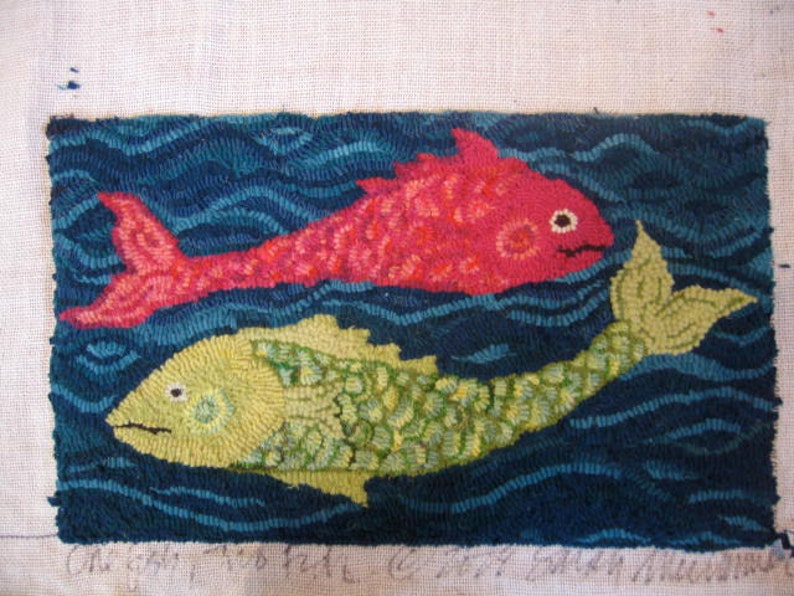 Rug Hooking PATTERN One Fish Two Fish Hand-drawn on Linen image 1