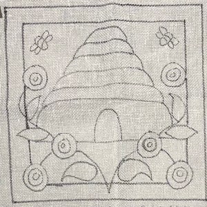 May include: Black and white line drawing of a beehive with flowers and bees on a white canvas. The beehive is in the center of the canvas and is surrounded by flowers and bees.