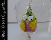 Hoots the Word - Owl lampwork pendant green yellow pink necklace on sterling silver chain for teens, tweens, girls SRAJD
