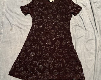 Vtg Ronnie Nicole Knee Length Dress Size 10 Stretchy Glittery Roses Black