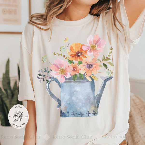 Flowers In A Watering Can Vintage T-Shirt, Botanical Tee, Floral T-Shirt, Garden Lover Tee, Boho Flower Tee, Wildflowers Cottagecore Shirt