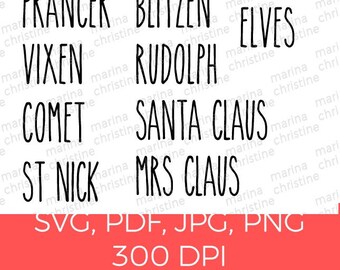 Rae Dunn Inspired Santa Clause Reindeer Elf Names - Cricut, Silhouette vinyl, heat transfer - svg, png, jpg, pdf Digital Download