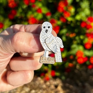 May include: A silver owl brooch with black eyes, perched on a textured base. The owl has a detailed, textured surface.