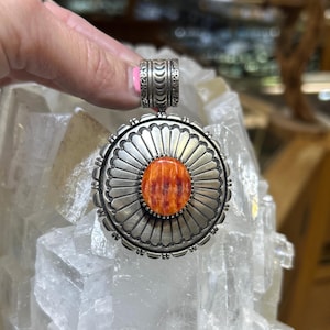 Orange Spiny Oyster Shell Sterling Silver Antiqued Navajo Handmade Pendant with Removable Bail
