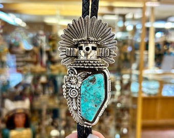Navajo Handmade Morning Singer Turquoise Sterling Silver Kachina Bolo Tie