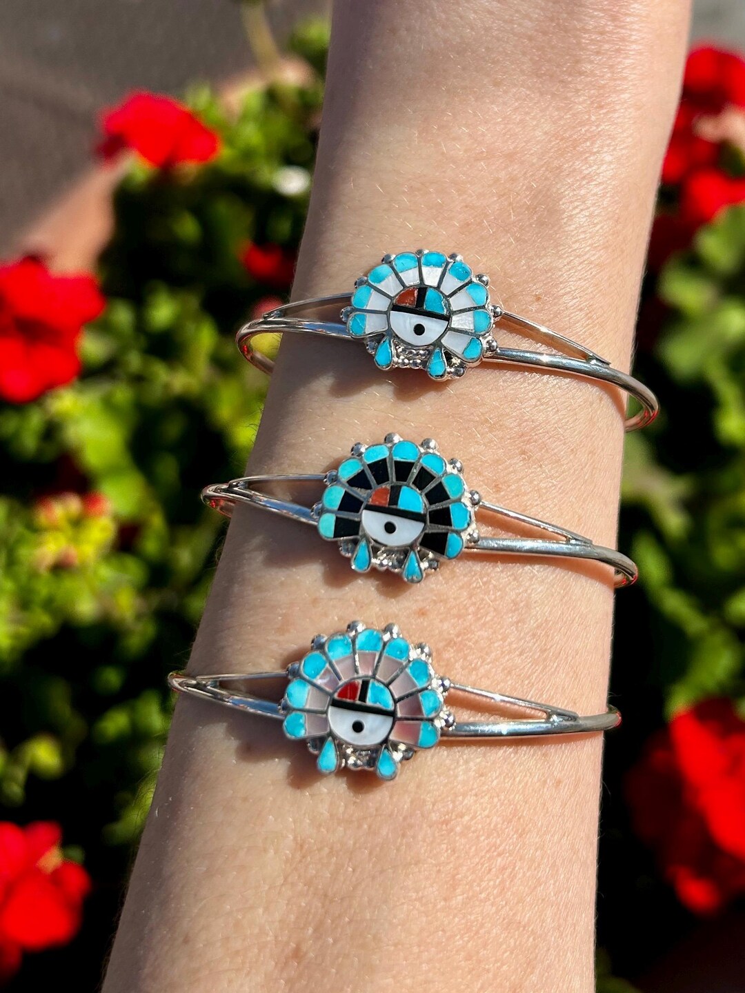 Zuni Sunface Multistone Inlay Sterling Silver Danity Adjustable