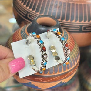 Multistone Colorful Turquoise, Coral, Spiny Oyster Shell, Sterling Silver Navajo Half Hoops