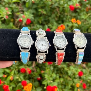 Navajo Handmade Opal Inlaid Sterling Silver Stretch Watches / 4 Available