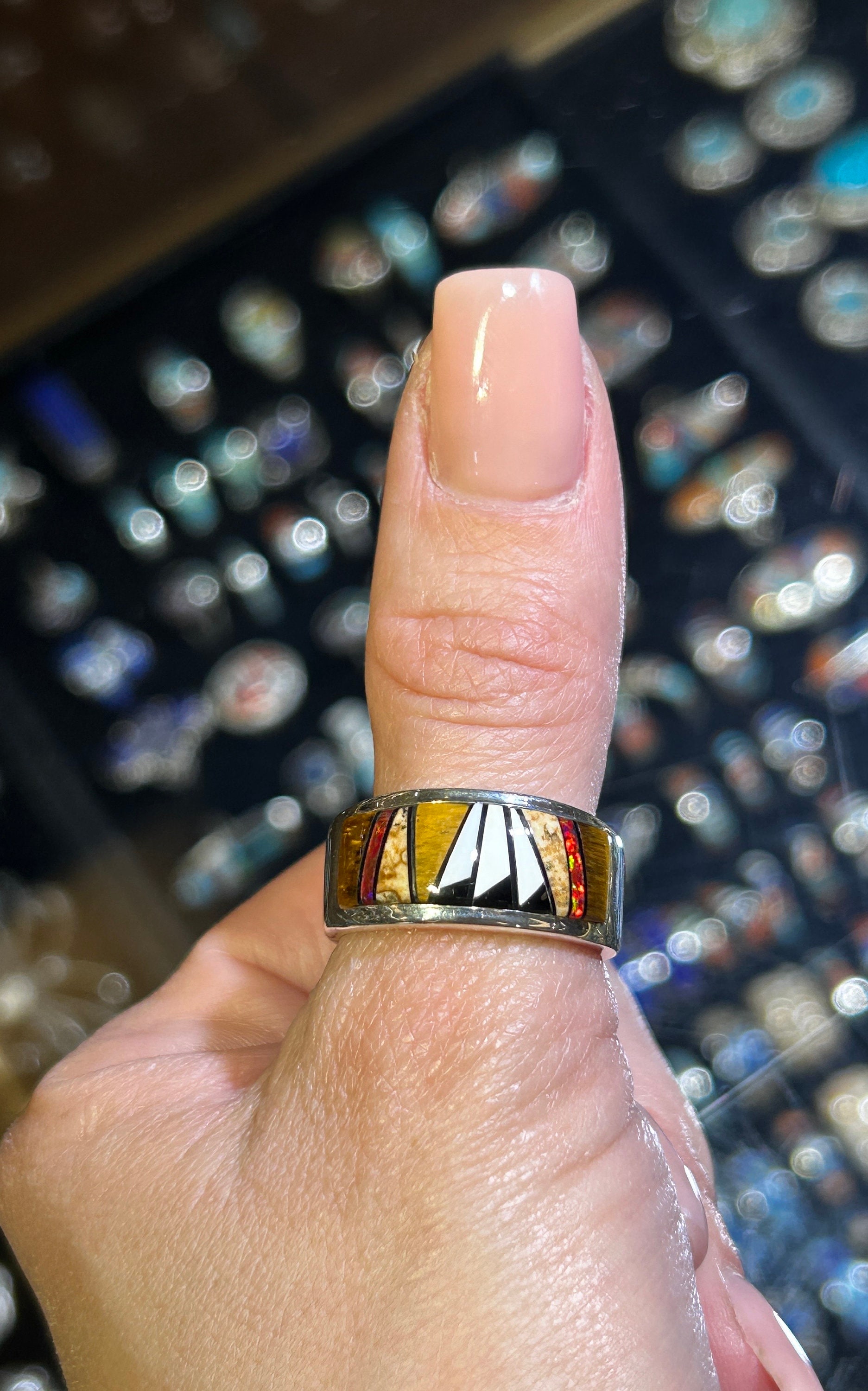 Tigers Eye + Red Fire Opal + Picture Jasper Inlay Sterling Silver