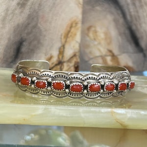 Coral 9 Stone Sterling Silver Navajo handmade Unisex Cuff Bracelet