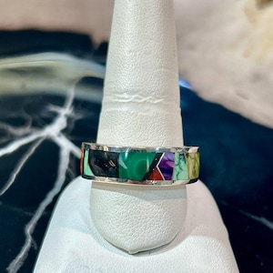 Turquoise Multistone Inlay Malachite Navajo Handmade Sterling Silver Mens/Womens Ring