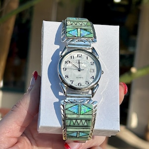 Herren Sterling Silber Navajo Handgefertigte Multistone Opal Chrysopras Inlay Uhr
